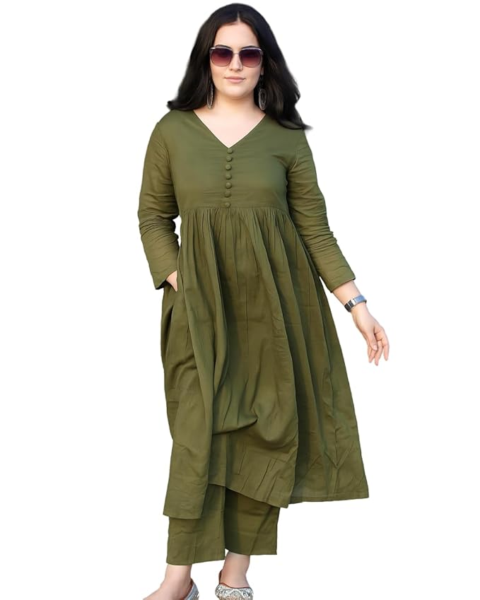 Anarkali Kurta Pant Set for Women Long Flared V-Neck Kurta | Office & Casual Wear | 3/4 Sleeve | Button Front - Image 2