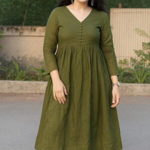 Anarkali Kurta Pant Set for Women Long Flared V-Neck Kurta | Office & Casual Wear | 3/4 Sleeve | Button Front