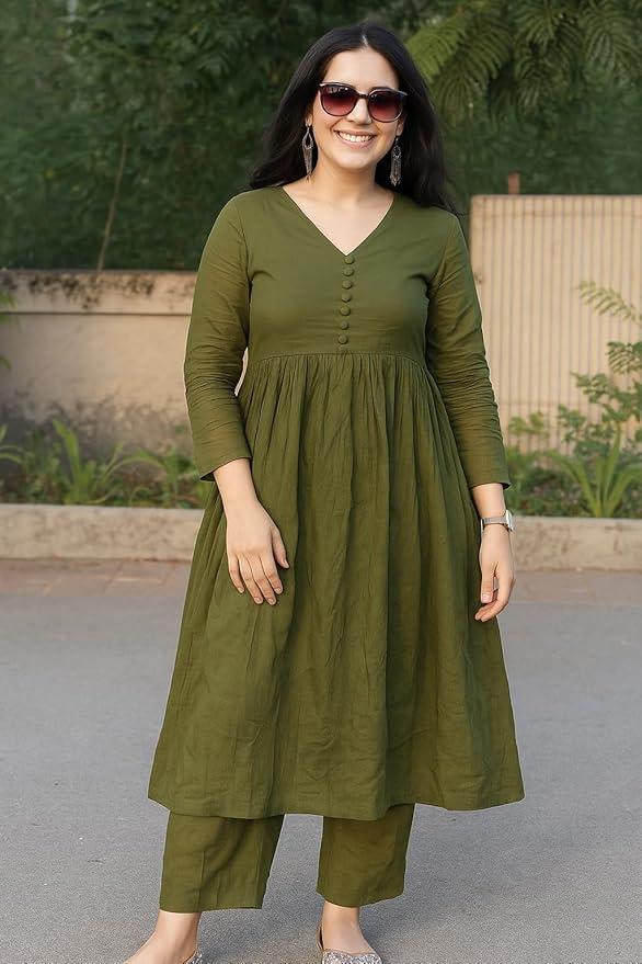 Anarkali Kurta Pant Set for Women Long Flared V-Neck Kurta | Office & Casual Wear | 3/4 Sleeve | Button Front